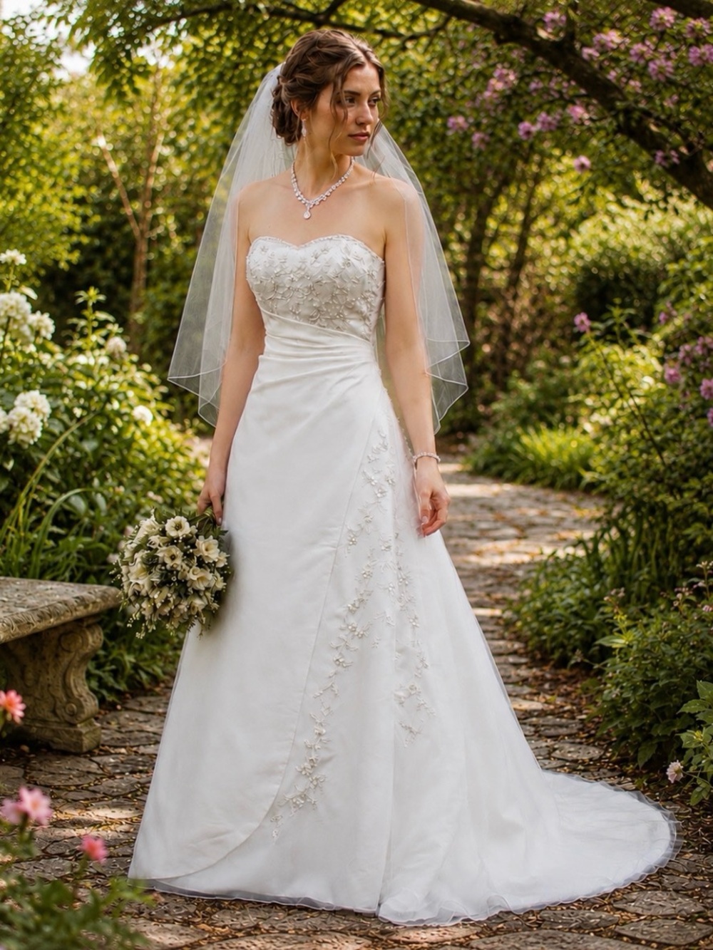 Michaelangelo Strapless White Embroidered A-Line Wedding Dress